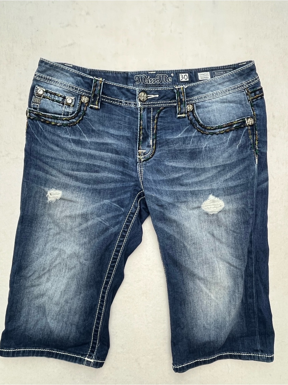 Miss Me Distressed Rhinestone Stitch Flap Pocket Bermuda Denim Shorts Size 30